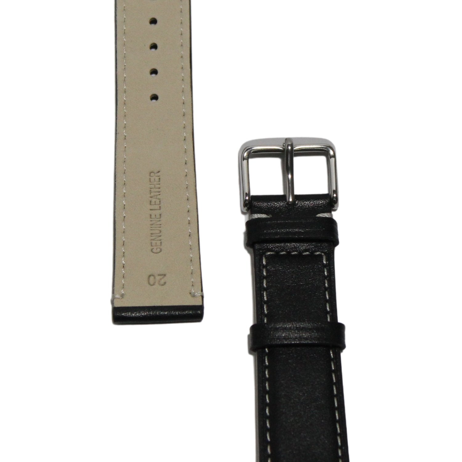 Marlow Handmade Italian Leather Watch Strap in Black - Contrasting Stitch - closeup