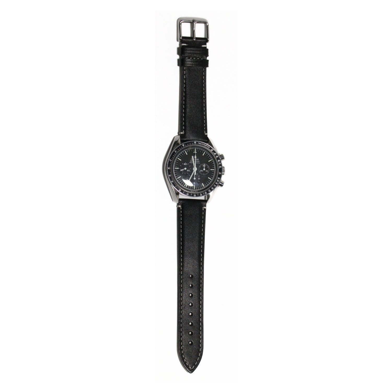 Marlow Handmade Italian Leather Watch Strap in Black - Contrasting Stitch - fitted to a watch