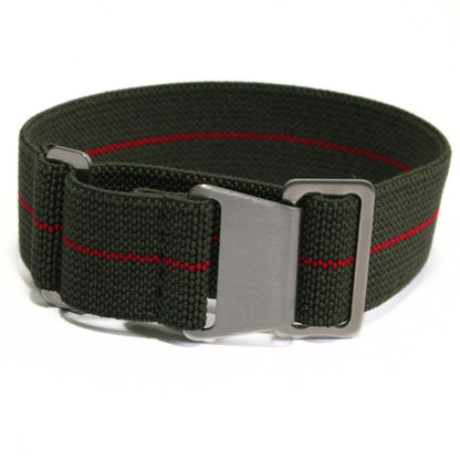 Marine Nationale Parachute Elastic Watch Strap in Green/Red - fastened coiled view