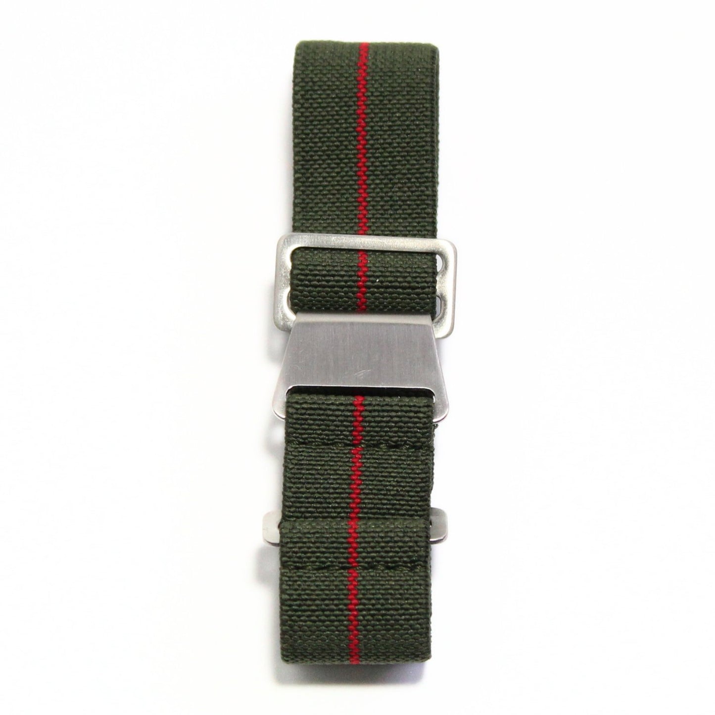 Marine Nationale Parachute Elastic Watch Strap in Green/Red - fastened flat view