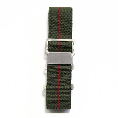 Marine Nationale Parachute Elastic Watch Strap in Green/Red - fastened flat view