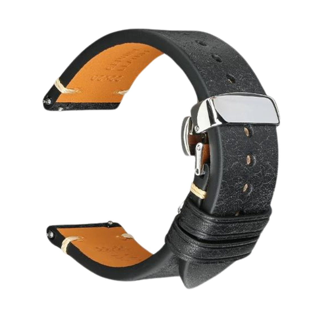 Retro Italian Pueblo Leather Black Watch Strap - Butterfly Clasp