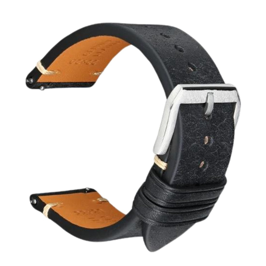 Retro Italian Pueblo Leather Black Watch Strap - Silver Buckle