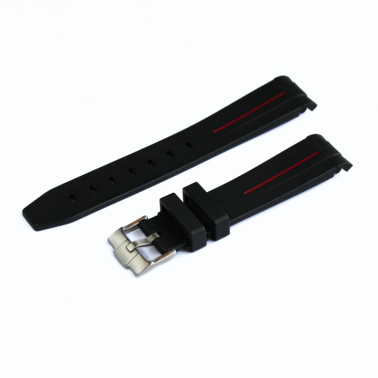 Premium Rubber Watch Strap in Black/Red - Curved Ends - oblique