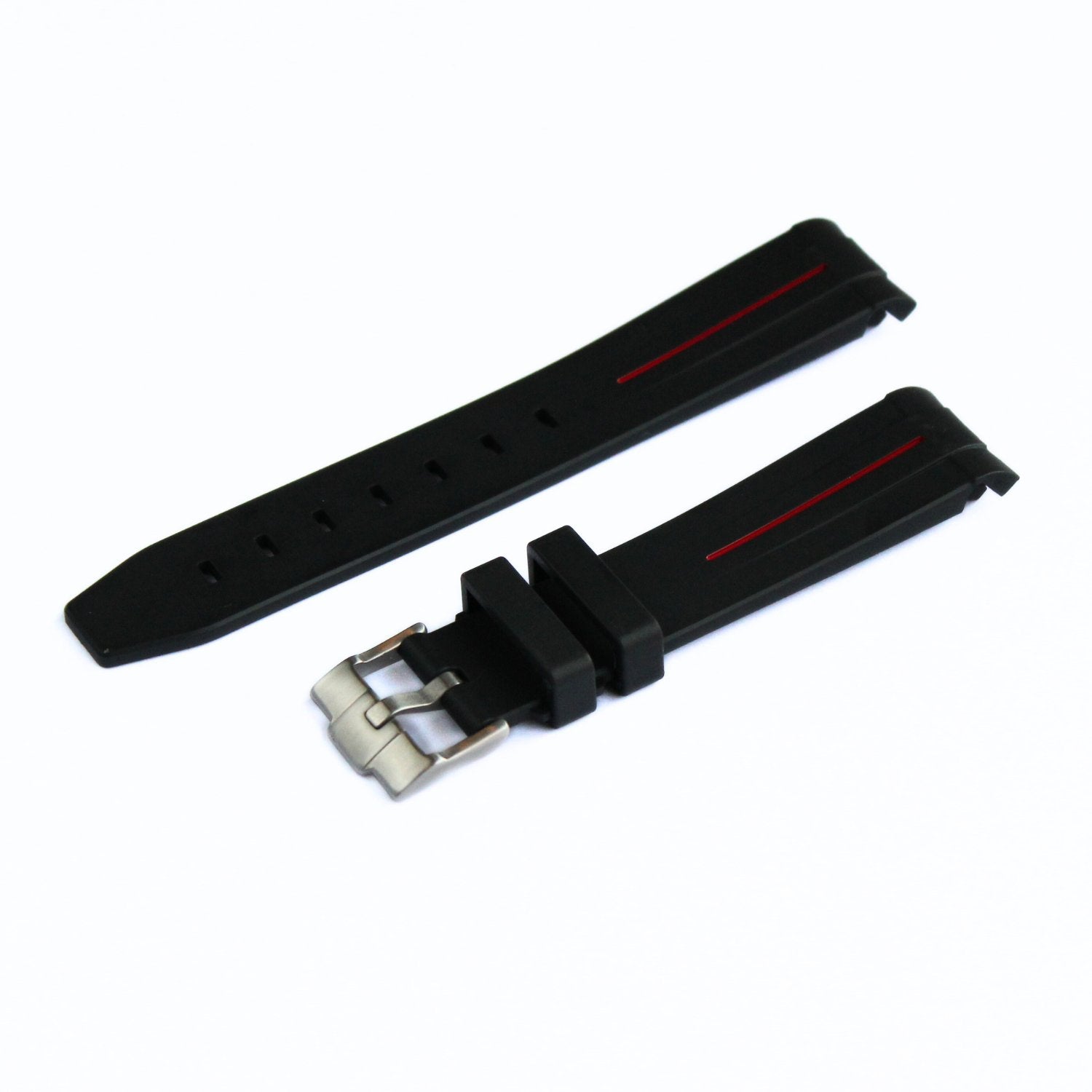 Premium Rubber Watch Strap in Black/Red - Curved Ends - oblique