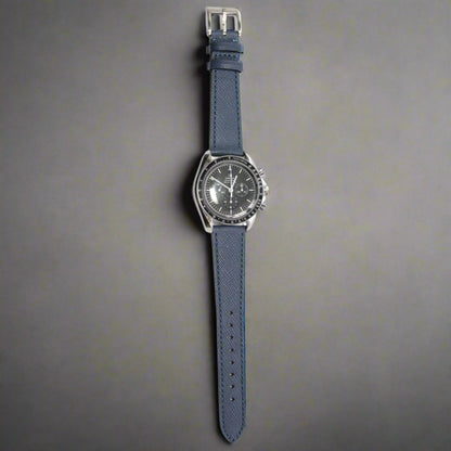 TSL Henley Saffiano Leather Watch Strap in Blue on a watch