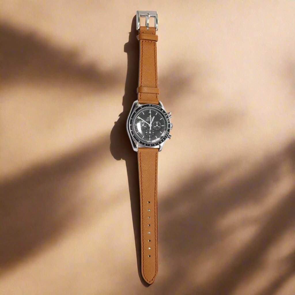 TSL Henley Saffiano Leather Watch Strap in Brown on a watch