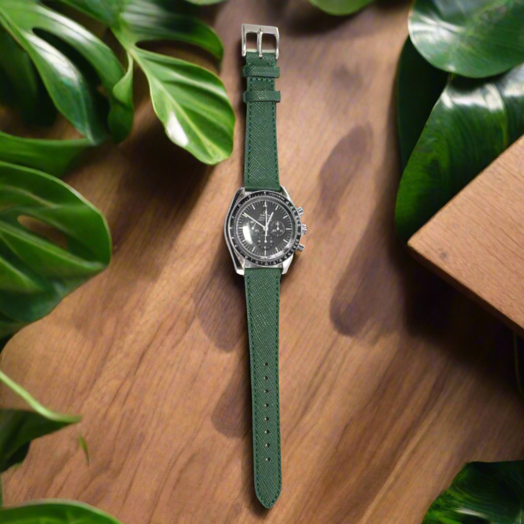 TSL Henley Saffiano Leather Watch Strap in Green on a watch