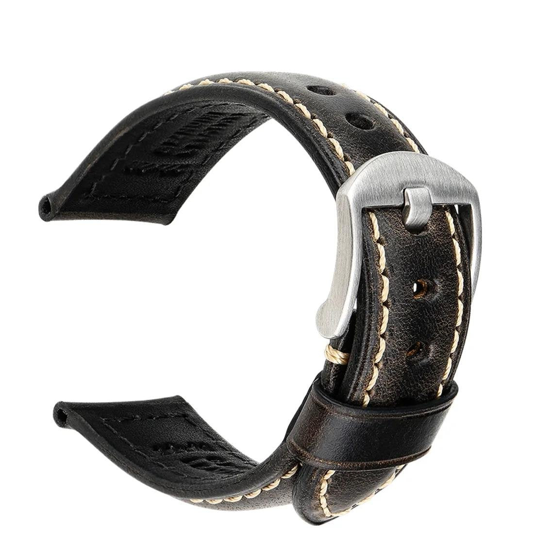 Italian Vintage Oil-Waxed Black Leather Watch Strap - Silver Buckle