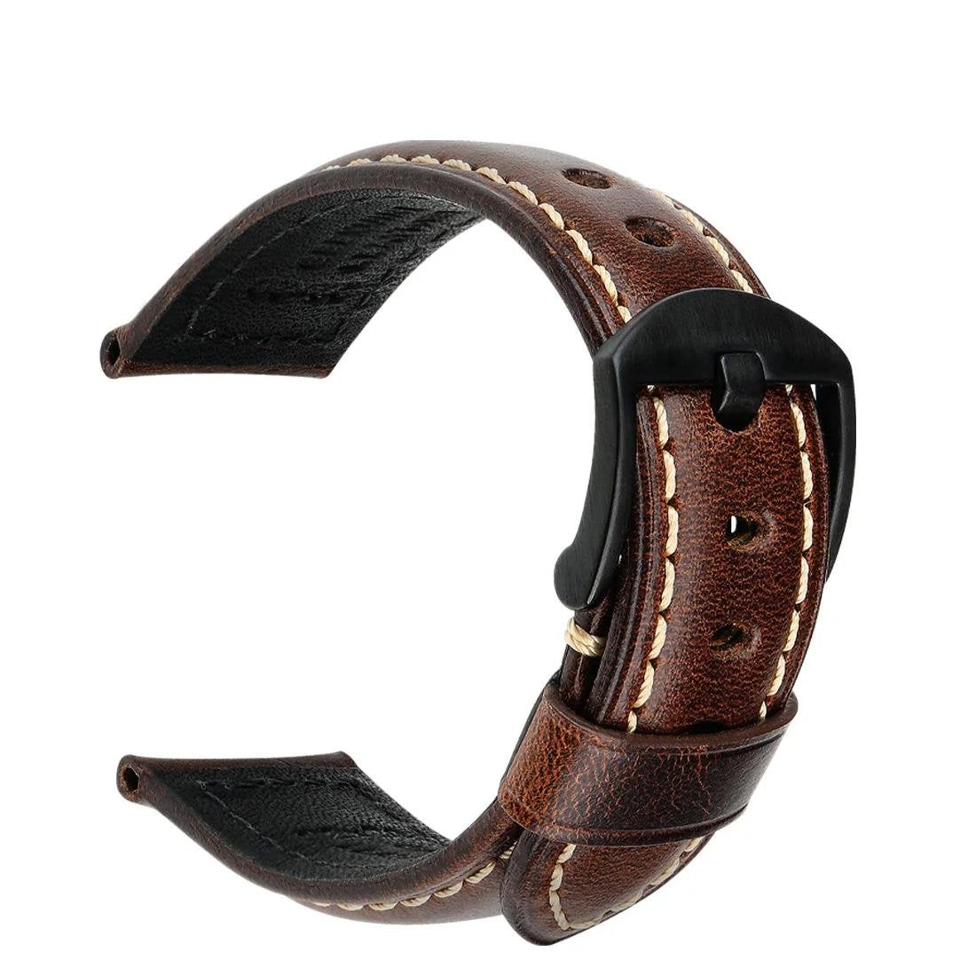 Italian Vintage Oil-Waxed Dark Brown Leather Watch Strap - Black Buckle