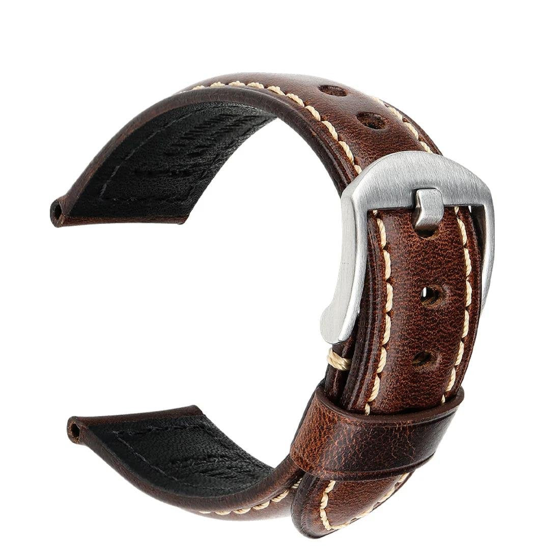 Italian Vintage Oil-Waxed Dark Brown Leather Watch Strap - Silver Buckle