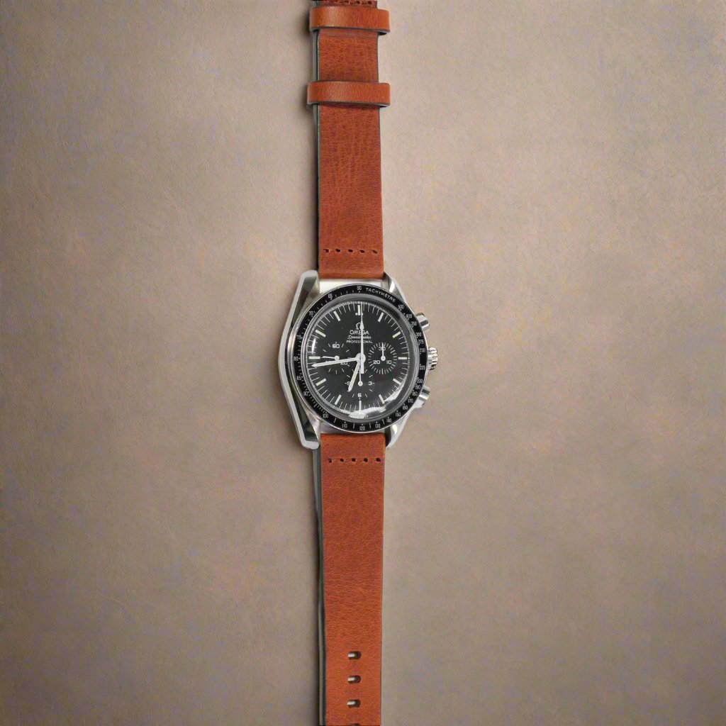 Winchester Handmade Smooth Padded Leather Watch Strap in Tan on a watch